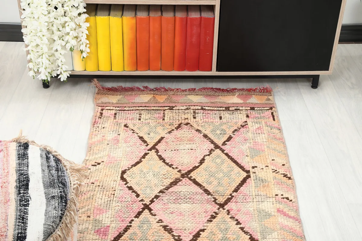 Runner rug extending from under a decorative pouf in a room with colorful books
