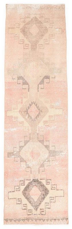 Full top view of the vintage rose geometric runner rug on a white background