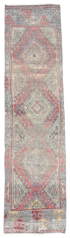 Full overhead view of the Red Blue Geometric Anatolian Runner on a white background