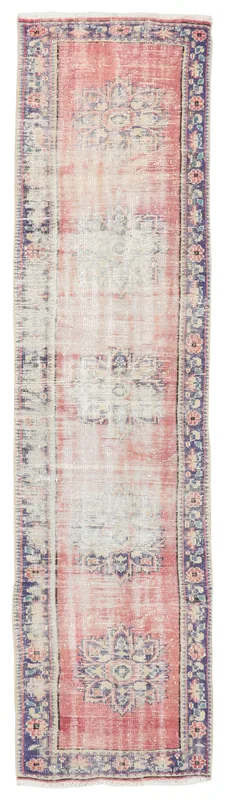 Full overhead view of the 2'9" x 11'1" rose and navy vintage Anatolian runner rug.
