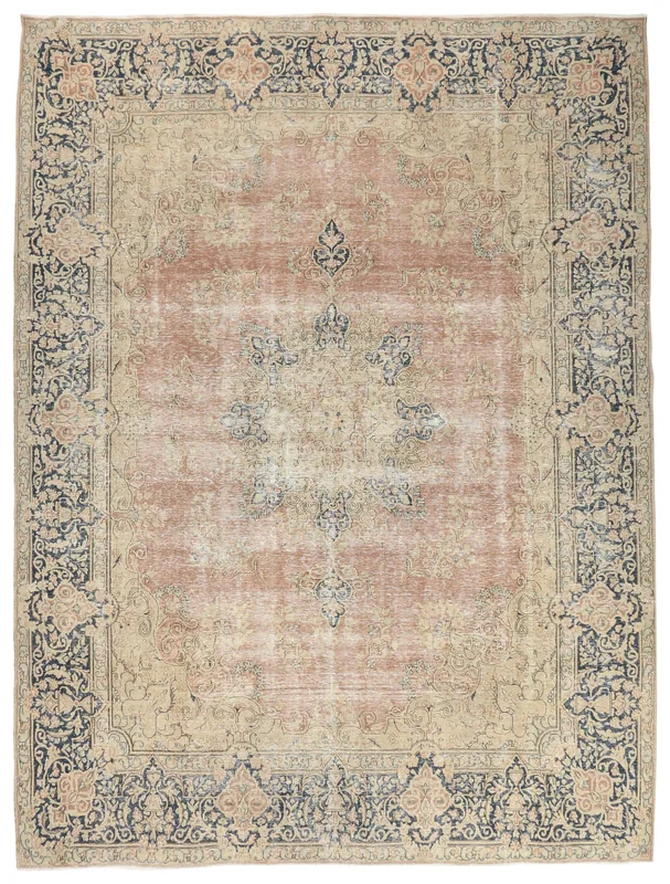 Faded Rose Navy Medallion Floral Rug, full overhead view showing faded rose field, navy border, and central medallion.