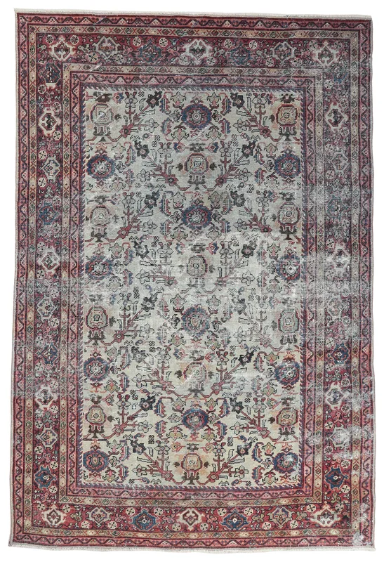 Cream Rose Floral Anatolian Rug, full top view showing intricate patterns and border