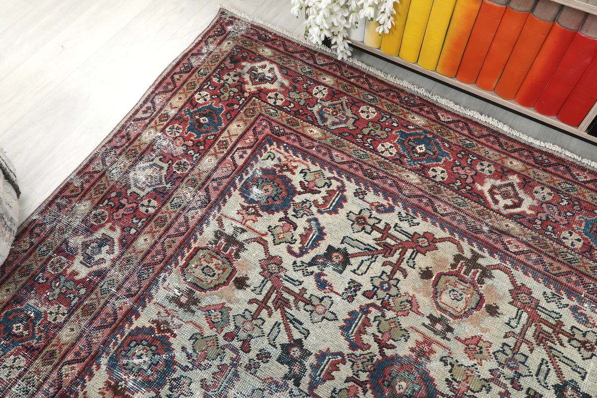 Cream Rose Floral Anatolian Rug, corner view with surrounding room elements