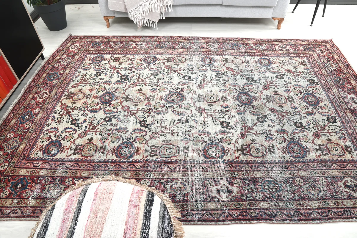 Cream Rose Floral Anatolian Rug, another room view showcasing its full length and width