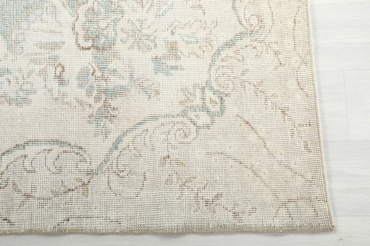Detailed view of the rug's faded cream border with subtle blue and tan patterns