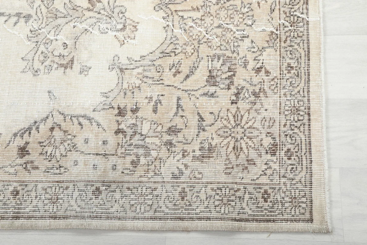 Close-up of the rug's border with intricate floral and geometric patterns in beige and gray