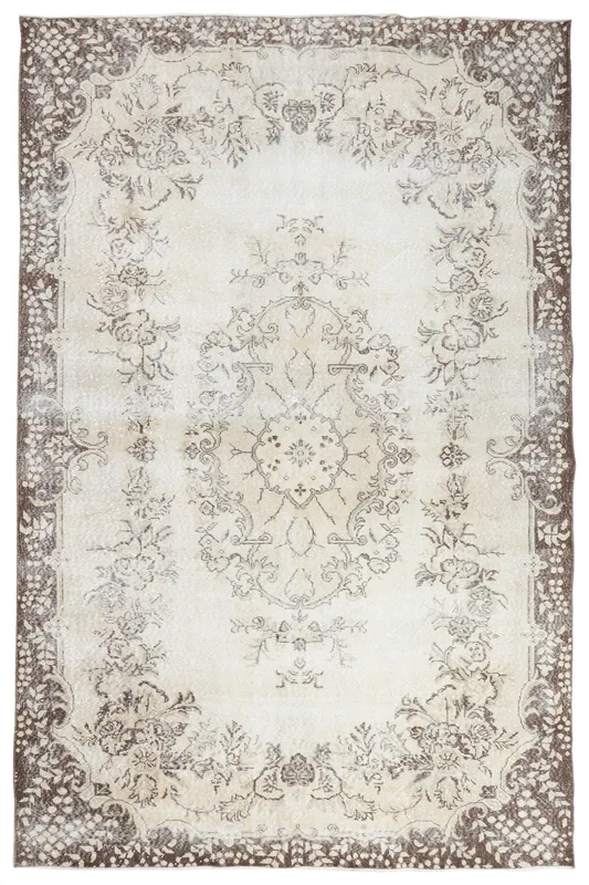 Full top view of the vintage ivory and brown Anatolian area rug
