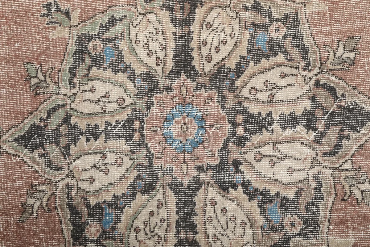 Detailed close-up of the central medallion with blue, rust, and cream colors