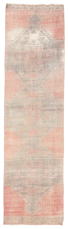 Full top view of the 2'9" x 10'8" vintage Anatolian runner rug with rose and gray geometric patterns