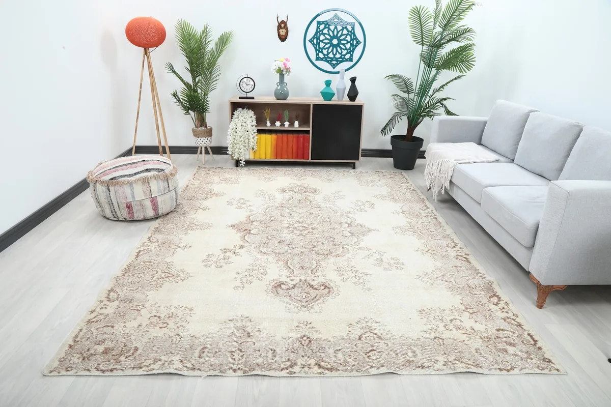 Vintage Anatolian rug in a living room setting with a sofa and plants