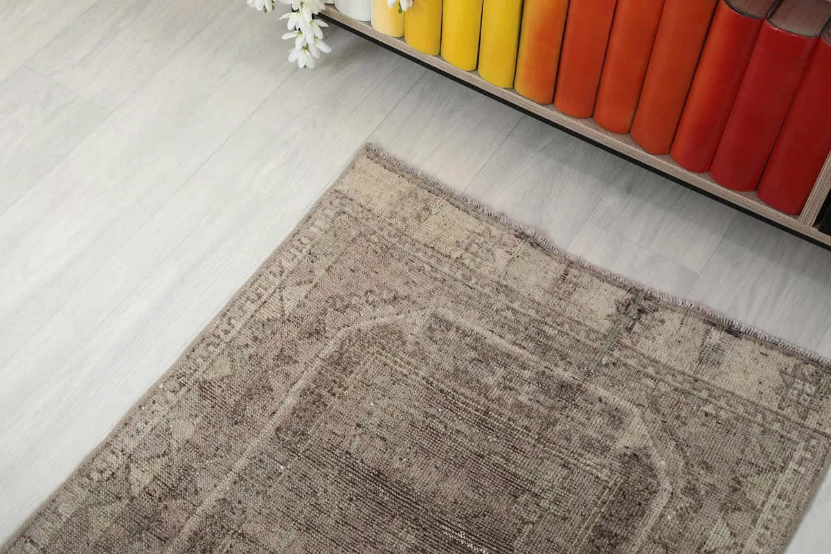 Runner rug on the floor, seen from above, with a shelf of colorful books in the background.