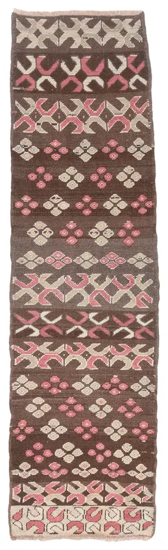 Full top view of the 2'2" x 8'0" brown, pink, and beige geometric Anatolian runner on a white background.