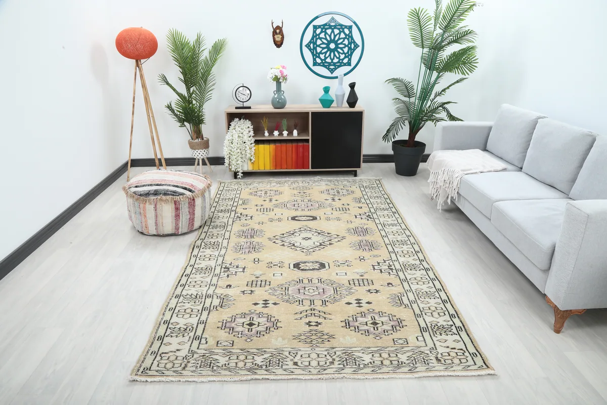 Beige Tribal Geometric Rug in a room setting with a light sofa and plants, viewed from an angle.