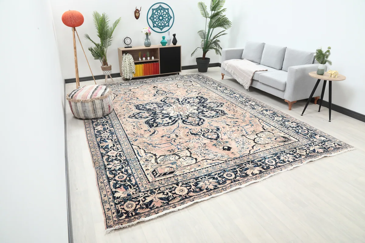 Rose Navy Floral Medallion Rug in a wider room view, highlighting its placement and overall aesthetic.