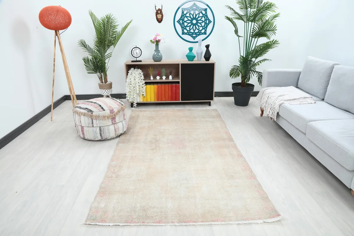 Vintage rug in a modern living room setting from an angle