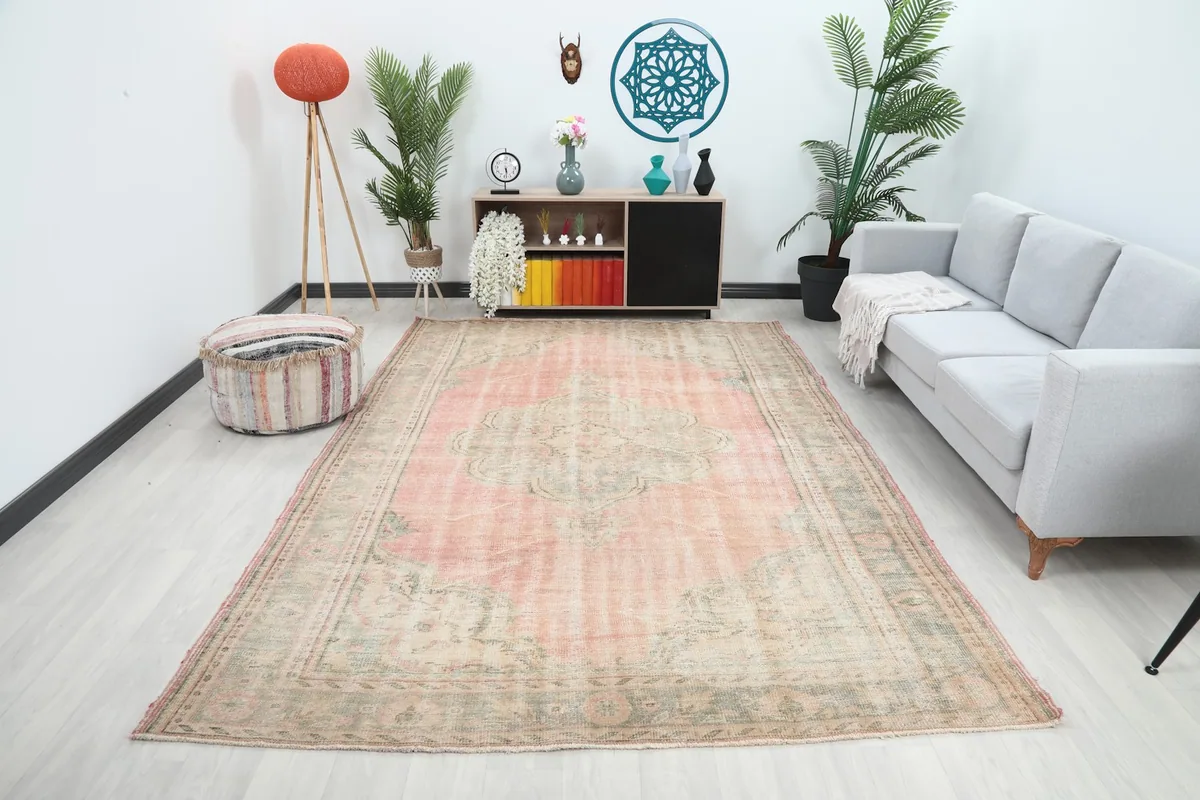 Vintage Anatolian rug displayed in a living room setting with a light-colored sofa and plants.