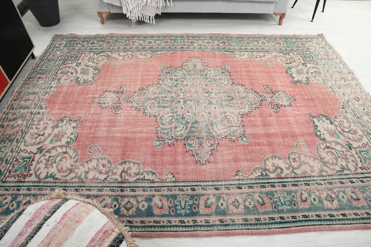 Overhead view of the rug in a room setting, emphasizing its overall appearance