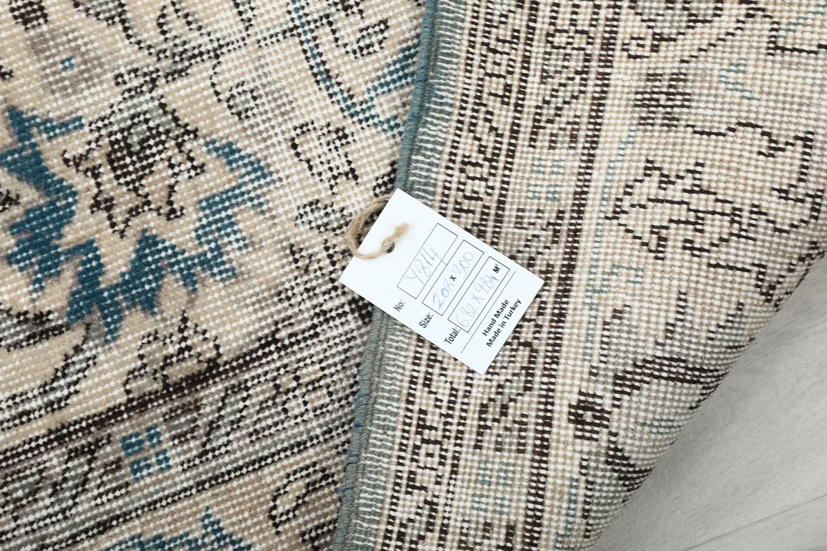 Detail of the rug's back with a product tag attached, showing construction