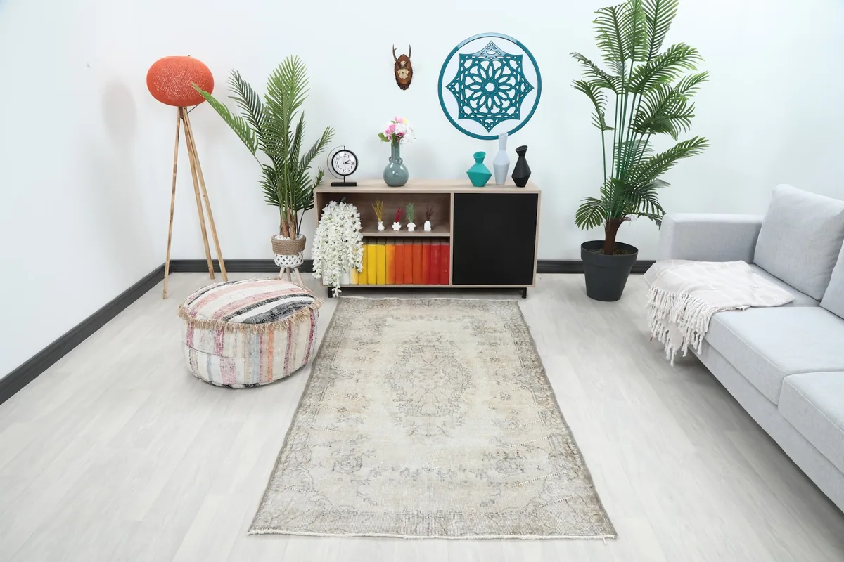 Vintage beige and gray rug displayed in a bright living room setting with modern furniture
