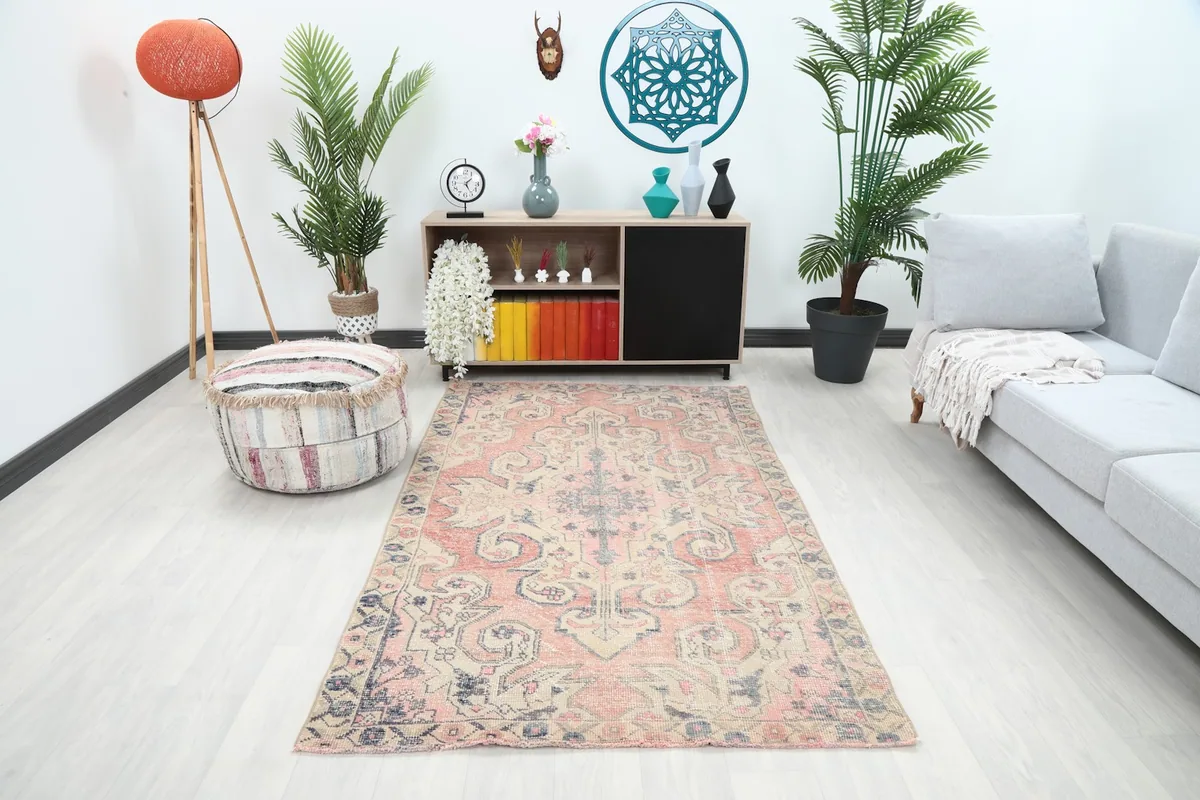 Area rug displayed in a bright living room setting with a sofa and plants