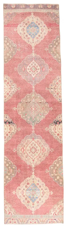 Full top view of the 3'0" x 11'8" vintage Anatolian runner rug with rose field and medallions