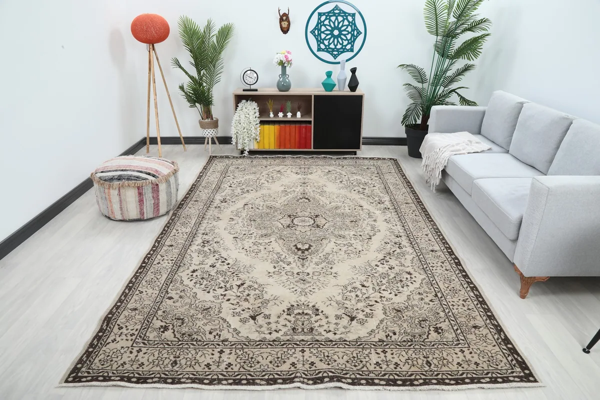 Large ivory and charcoal area rug displayed in a modern living room setting