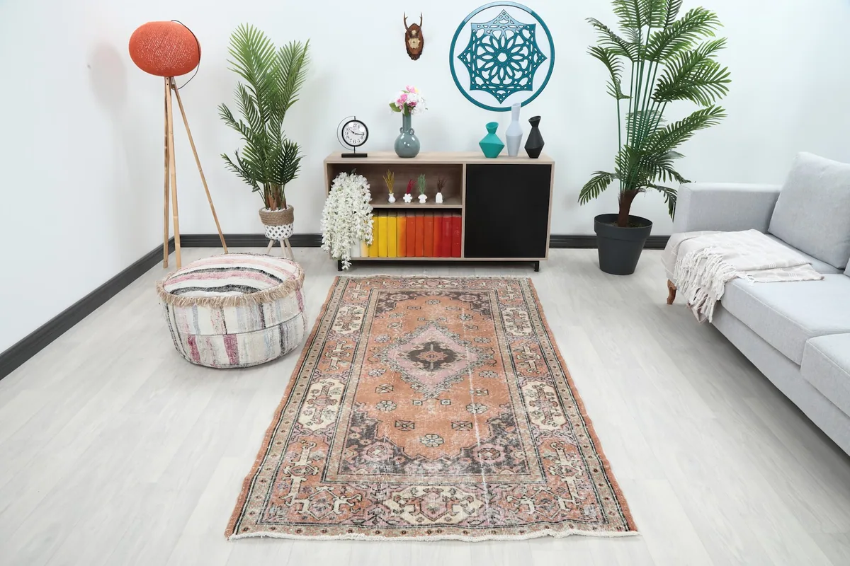 Vintage Anatolian rug displayed in a living room setting with a sofa and plants
