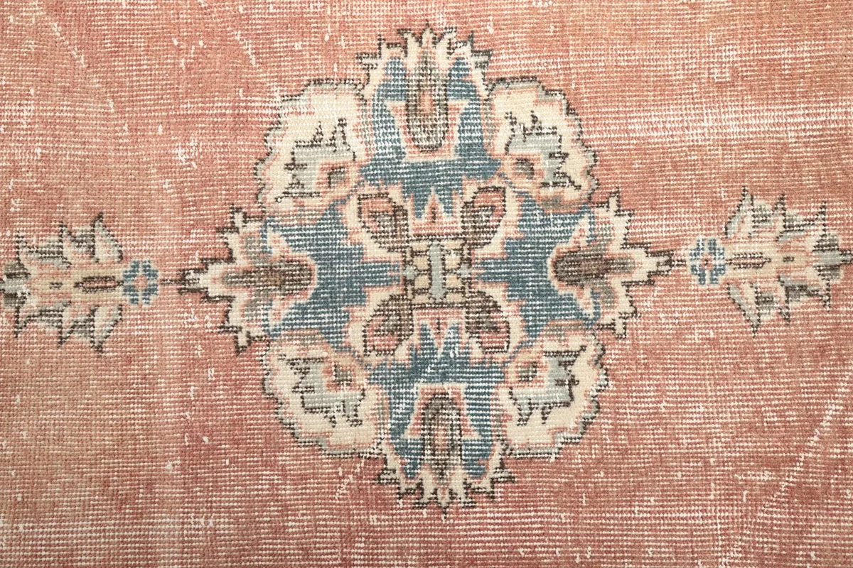 Close-up detail of a prominent blue and ivory medallion motif against the rust background.