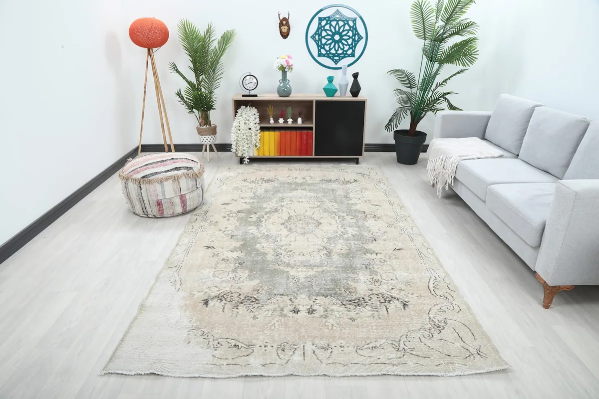 Vintage Anatolian rug displayed in a bright living room setting with a gray sofa and plants.
