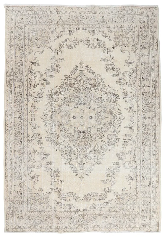 Full overhead view of the 6'8" x 9'9" ivory and gray vintage Anatolian rug on a white background.