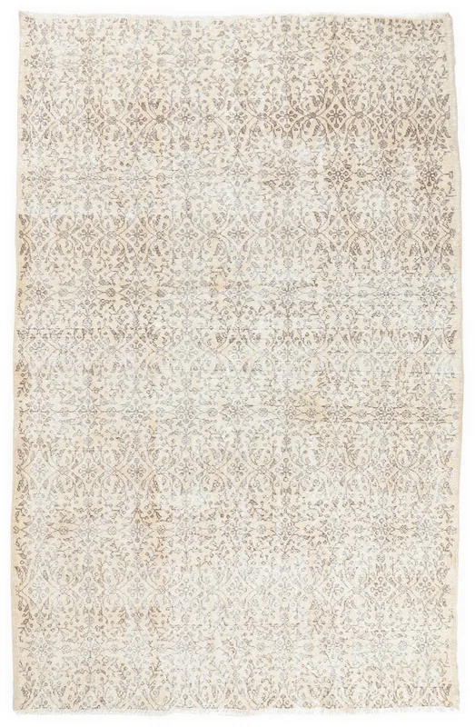 Full top view of the 6'5" x 10'0" ivory and brown vintage Anatolian area rug on a white background.