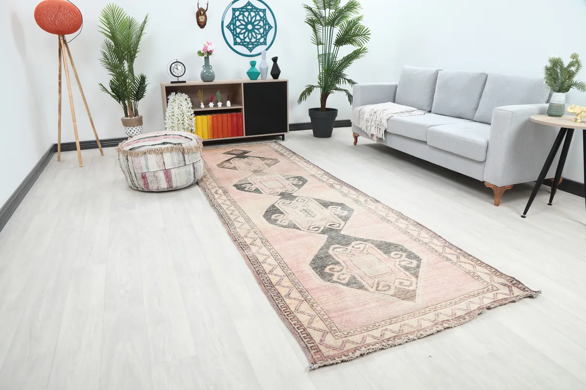 Faded Rose Diamond Tribal Runner from a slightly different angle in a living room