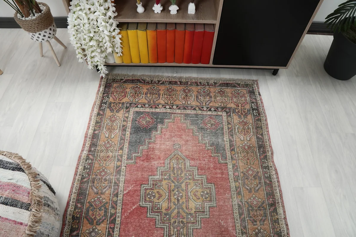 Overhead view showcasing the rug's placement in a room with a cabinet