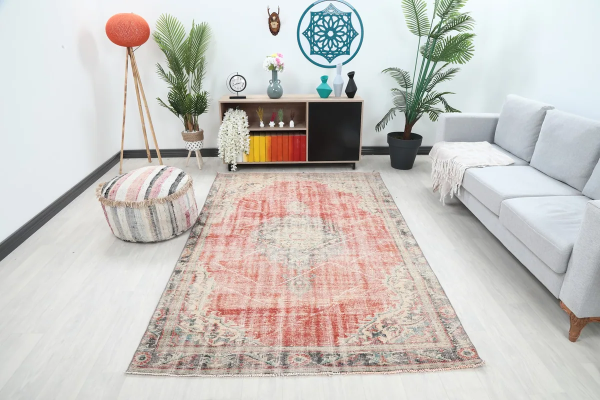 Vintage rust and beige rug displayed in a living room setting with a sofa and plants.