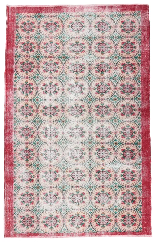 Full overhead view of the 5'8" x 8'11" red and cream vintage Anatolian area rug