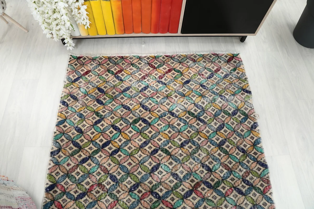 Overhead view of a section of the multicolor geometric runner rug, highlighting its design