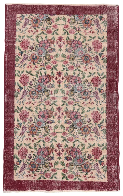 Full top view of the 4'1" x 6'7" vintage Anatolian rug with rose, blue, green, orange florals on beige, red border.