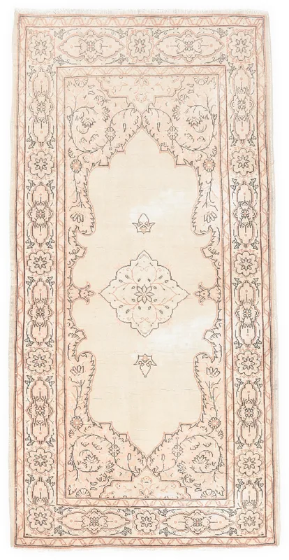 Full overhead view of the 3'1" x 6'1" vintage ivory and rose Anatolian rug