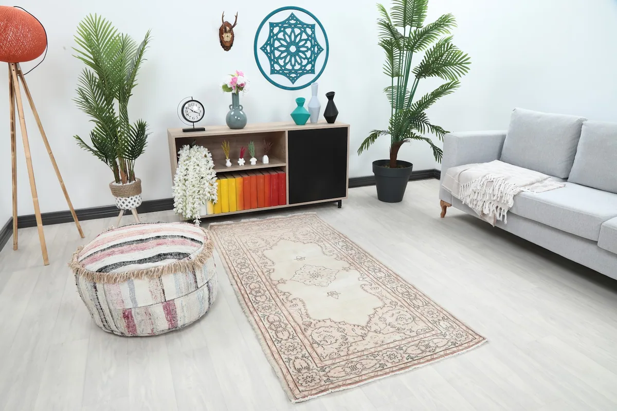 Angle view of the ivory and rose rug in a contemporary living space with plants