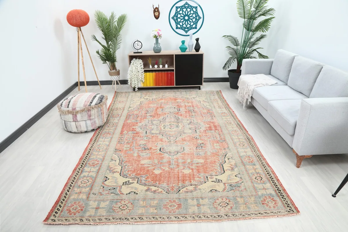 Large rust area rug in a modern living room setting with a sofa and plants.