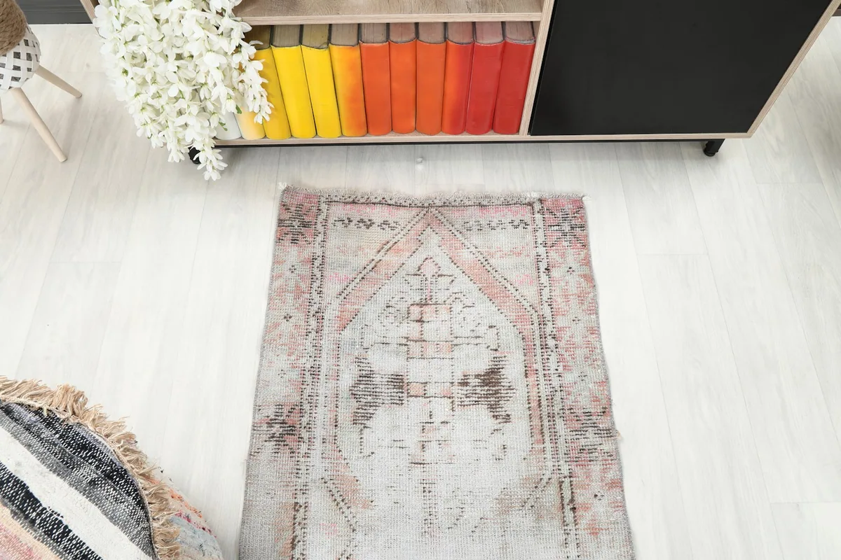 Overhead view of the rug, capturing its overall design and proportions in a room