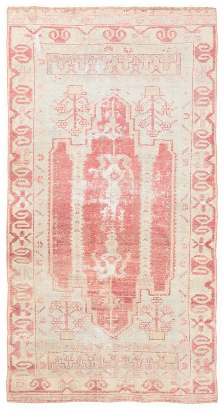 Faded Rose Geometric Anatolian Rug, full top view showing its distressed rose and beige colors.