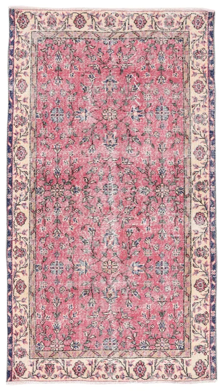 Full top view of the 3'7" x 6'4" vintage Anatolian rug with rose field and beige floral border