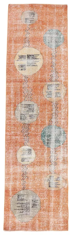 Rust Geometric Oval Runner, full top view showing faded rust field and abstract oval motifs.
