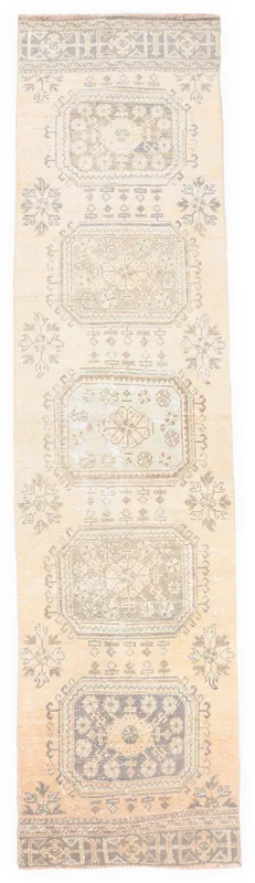 Full top view of the 2'9" x 11'7" vintage Anatolian runner rug with tan and charcoal geometric patterns.
