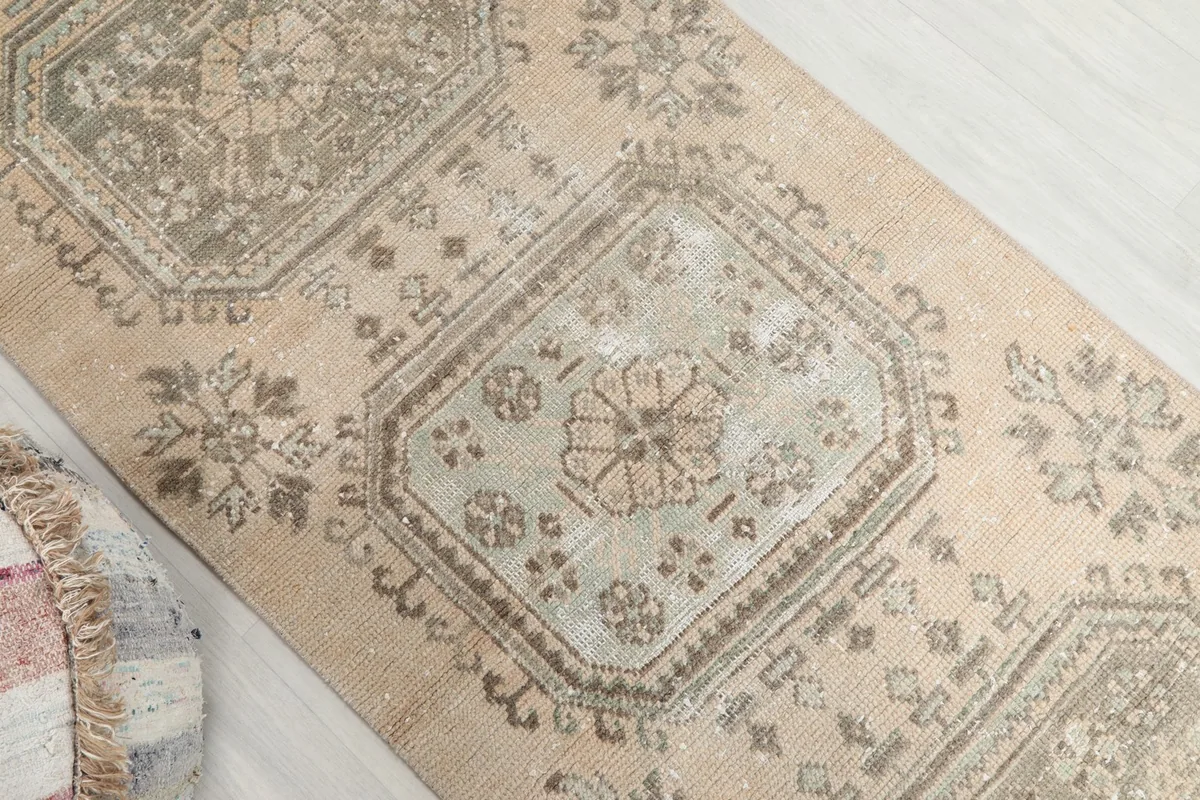 Overhead angle shot of the runner rug, showing multiple geometric sections and overall color.