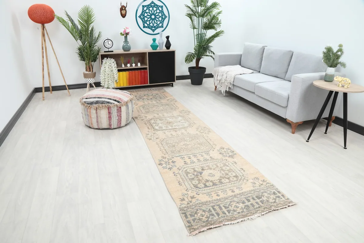 Angle view of the Anatolian runner rug in a living space, highlighting its length and pattern.