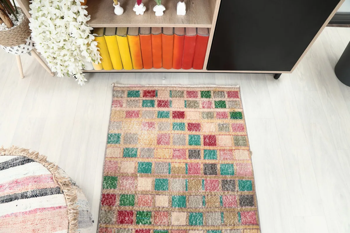 Overhead view of the runner rug in the room, highlighting its full length and pattern