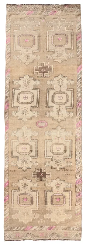 Full top view of the 3'7" x 10'10" vintage Anatolian runner with geometric patterns on a tan field.