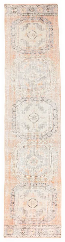 Full top view of the 2'7" x 11'3" vintage Anatolian runner rug with rust and gray geometric patterns